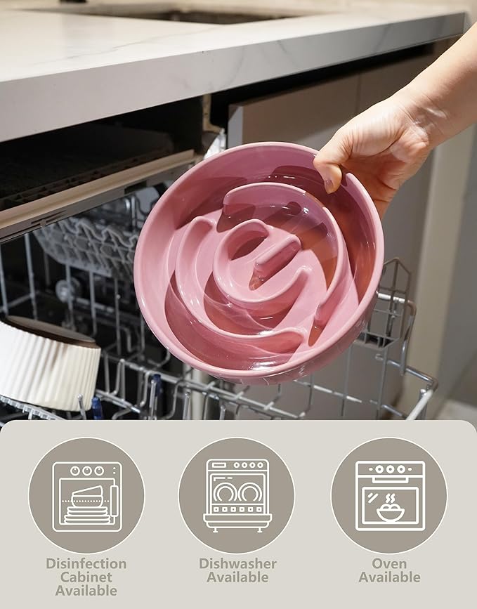 Ceramic Slow Feeder Dog Bowls, 2.0 Cups Slow Feeder for Medium and Large Dogs, Puzzle Maze Bowl to Slow Down Eating, 30oz, 8in, Pink