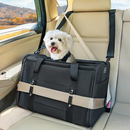 PETSFIT Cat Car Carrier for Medium Cats Dogs, 19"x12"x12" Small Dog Carrier, with Patent Safety Buckles and Escape-Proof Zipper - Safeguarding Car Travel, Vet Visit, Outdoor
