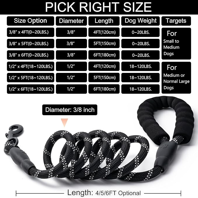 2 Pack Dog Leash, 4/5//6 FT Heavy Duty Nylon Rope Pet Leashes with Comfortable Padded Handle, Reflective Dog Leashes for Small Medium and Large Dogs (5FT-3/8,Black/Orange)