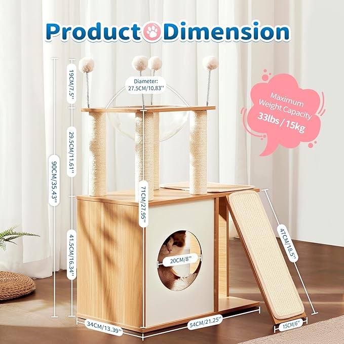 Made4Pets Cat Tree for Indoor Cats, Modern Cat Tower Tall for Large Cats Kitten, Wood Kitty Condo Climbing Furniture Heavy Duty, Vesper Cute Castle with Scratching Post and Ramp