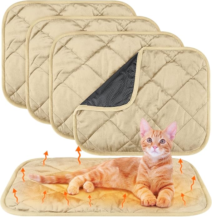 4 Pack Self Heating Cat Pad Self Warming Dog Mat Reflects Body Heat Extra Warm Thermal Pet Pad Washable Dog Cat Bed Crate Bed Mat Blanket(Beige,16 x 20 Inch)
