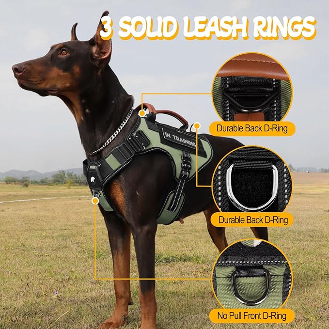 Tactical Dog Harness - HEYCAHVA Service Dog Vest Full Metal Buckles for Medium Large Dogs Reflective No Pull Dog Harnesses Vest with Leather Handle, Hook & Loop for Hiking Training (Green, M)