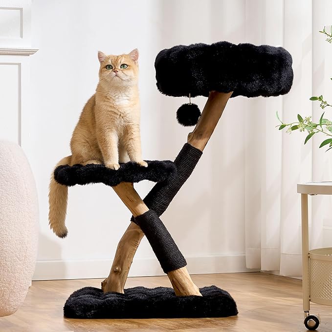 Natural Wood Cat Tree for Indoor Cats Adults, 33in Modern Cat Tree Tower with Super Soft Plush Cat Bed & Perch, Sisal Scratching Posts and Hanging Plush Ball, Sheen Black