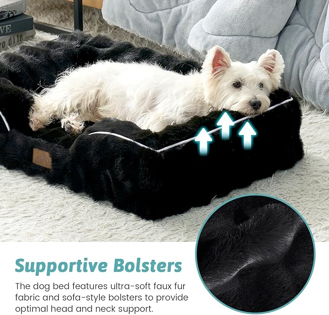 Orthopedic Dog Bed for Large Medium Size Dog, Soft and Warm Faux Fur Sofa for Pet Up to 75 lbs, Foam Bolster Anti-Slip Couch with Washable Removable Cover, L 36x27x6.5 inch, Black