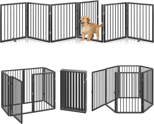 Vantas Folding No-Assembly Metal Pet Gate 120" Wide, 24" Extra Tall Dog Gate with Door Walk Through, Freestanding Accordion Puppy Gate Dog Door for Indoor & Outdoor, with 2PCS Support - Black