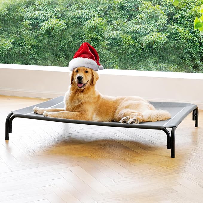 Elevated Dog Bed Raised Outdoor Dog Cot for Large Dogs, Installation Requires No Tools, Frame with Washable Cooling Breathable Mesh Anti-Slip Feet, Indoor Pet Bed, Grey, 43.3 Inches