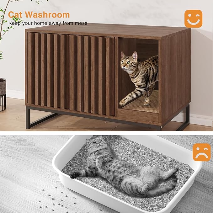 Cat Litter Box Enclosure, Modern Hidden Litter Box Furniture with Scratch Pad, Indoor Cat Washroom House End Table, Entryway Bench for Livingroom (Walnut)