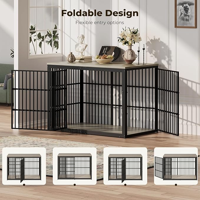 Lyromix 54" Dog Crate Furniture with Foldable Door, XXL Dog Crates for Large Dogs, Wooden Decorative Dog Cage Kennel Indoor End Table, Grey