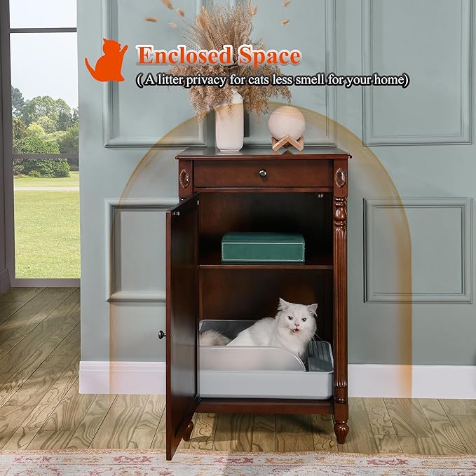 Solid Wood Cat Litter Box Enclosure, Hidden Litter Box Furniture, Wooden Pet House Storage Cabinet, Wooden Floor Cabinet for Hallway, Entryway or Living Room Home Decor, Cherry Walnut
