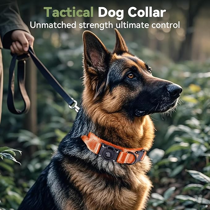 2025 Upgrade Waterproof AirTag Dog Collar, Military Tactical Dog Collar with AirTag Holder, Comfortable Control Handle and Metal Buckle, GPS Dog Collar Holder for Medium to Large Dogs (Orange, M)