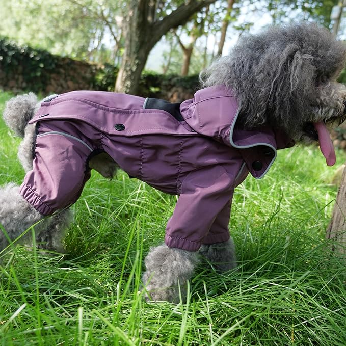 LOVELONGLONG Waterproof Dog Raincoat with Removable Hood – Outdoor Full Body Dog Jacket, Windproof Snowproof Shell Suit – All Season Pet Rain Gear Plum Purple XS