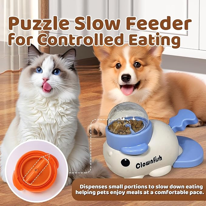 Interactive Clownfish Dog Treat Dispenser Toy with Spinning Tail, Puzzle Slow Feeder for Dogs & Cats, Treat Dispensing Food Puzzle Feeder, Includes Cleaning Cloth & Brush (Yellow)