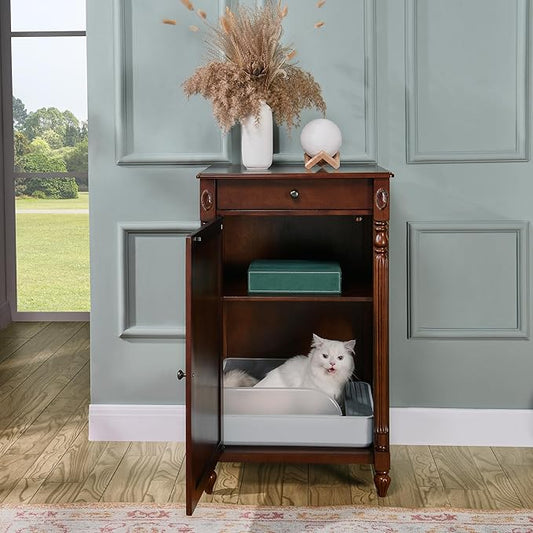 Solid Wood Cat Litter Box Enclosure, Hidden Litter Box Furniture, Wooden Pet House Storage Cabinet, Wooden Floor Cabinet for Hallway, Entryway or Living Room Home Decor, Cherry Walnut