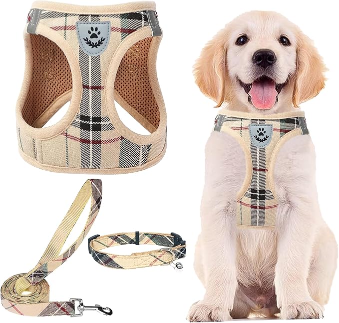 PUPTECK Adjustable Dog Harness Collar and Leash Set Step in No Pull Pet Harness for Small Medium Dogs Puppy and Cats Outdoor Walking Running, Soft Mesh Padded Reflective Vest Harnesses, Beige XXL