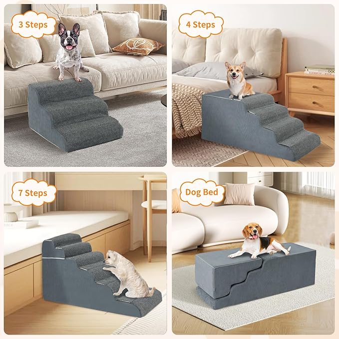 7-Steps Dog Stairs for High Bed and Couch 29.5" H, Wider Pet Stairs for Small Old Large Dogs Cats, 30°Steady Non-Slip Dog Steps, Washable Dog Ramp with Removable Cover, PE Boards