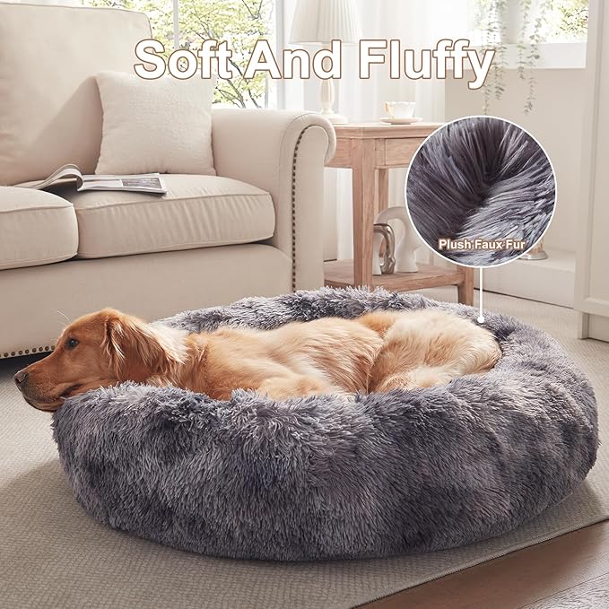 36 inches Donut Dog Bed for Large Dogs - Calming Fluffy Round Pet Bed with Removable & Washable Cover,Fits up to 80 lbs Pets (Tie-dye Grey,Large)