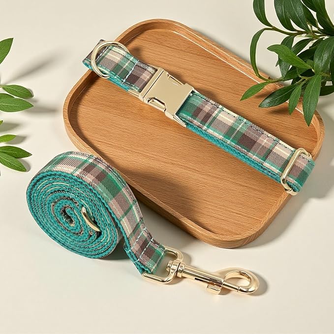 PETDURO Personalized Dog Collar Teal Brown Plaid for Large Medium Dogs | Engraved Name and Phone Number on Gold Metal Buckle for Boys & Girls | Add Leash & Bow Tie via Customize Now