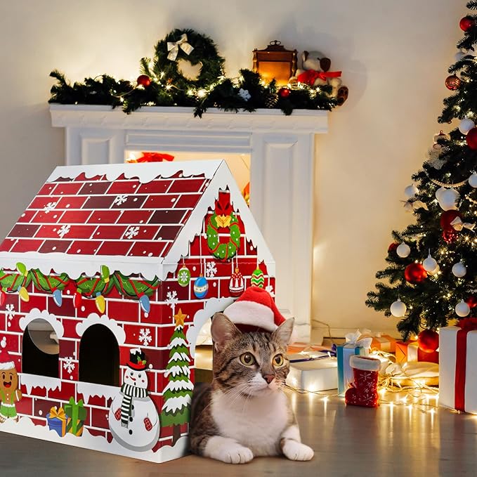 Cinrobiye Christmas Cardboard Cat House with Scratcher Pet Gingerbread Board Bed Cave Playhouse Hideaway Hideout Condo Decor Small Animals Scratch Box for Indoor Cats Kittens Rabbits Bunny (Red, 1)