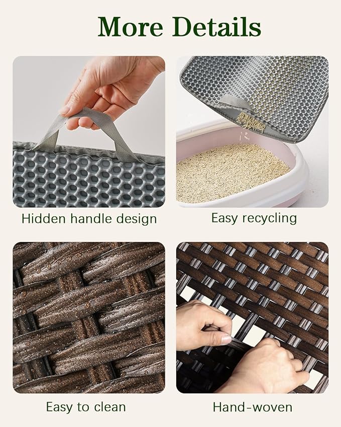 Cat Litter Box Enclosure Furniture, Handwoven Rattan Hidden Litter Box with Mat, Large Space Cat House with 2 S-Shaped Hooks, 30.3 x 18.3 x 24.4 Inches, Indoor for Living Room Apartment Brown