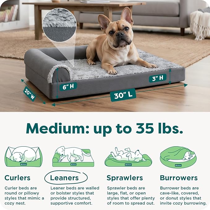 FurHaven Orthopedic Dog Bed for Small/Medium Dogs, L-Shaped Chaise Mattress with Egg Crate Orthopedic Memory Foam for Joint Support, Removable Washable Cover, Medium, Faux Fur & Suede, Stone Gray