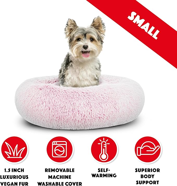The Dog’s Bed Sound Sleep Original Calming Dog & Cat Bed, Anti-Anxiety Rose Pink Fur Donut Nest Snuggler, with Removable Cover, Veterinary Approved