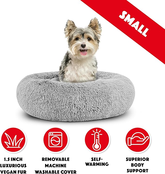 The Dog’s Bed Sound Sleep Donut Dog Bed, Small Silver Grey Fur Calming Nest Bed, Veterinary Approved