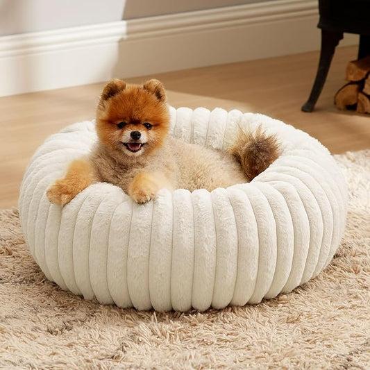 Bedsure Donut Small Dog Bed - Dog Beds for Small Dogs with Corduroy Fleece & Anti Slip Bottom, Round Faux Fur Pet Beds with Washable Removable Cover, Cream, 23x23x7 inches