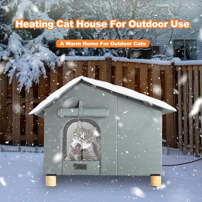 YUEPET Heated Outdoor Cat House for Winter, Elevated Weatherproof Cat House with Thermostatic Heating Pad for Outside, Warm Feral Cat Shelters for Outdoor Several Cats Stray Cats