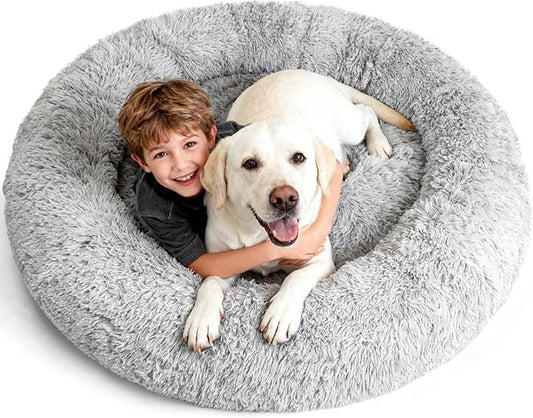 Calming Round Jumbo Pet Bed Removable Washable Cover,XXXL Waterproof Orthopedic Foam Dog Beds for Extra Large Dogs with Cooling Gel Big Cuddle Sofa to Care Old Fluffy Friends Arthritis,Grey
