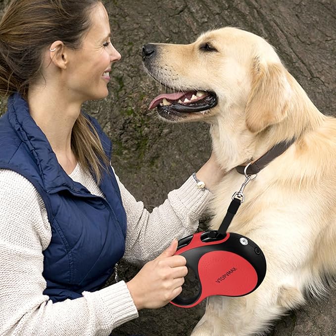 16Ft Retractable Dog Leash - for Small to Medium Dogs Up to 66lbs, Heavy Duty Retractable Leash with Light Rechargeable, Quick Lock Braking & Non-Slip Handle (Red)