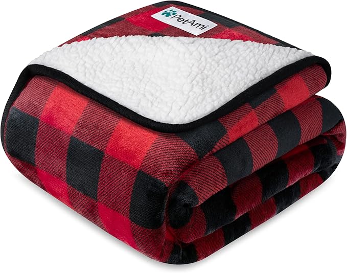 PetAmi Waterproof Dog Blanket Sherpa Fleece, Pet for Medium Large Dogs, Reversible Cat Throw Bed Couch Sofa Furniture Protector, Soft Plush Microfiber (Queen 90x90, Checker Red) Checkered Red