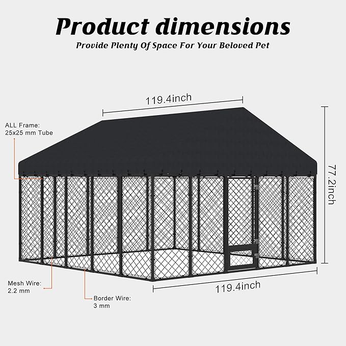 10 × 10 ft Heavy-Duty Outdoor Dog Kennel with Roof – Large Weather-Resistant Metal Dog Enclosure Playpen for Big Dogs with Double-Lock Feeding & Swivel Door