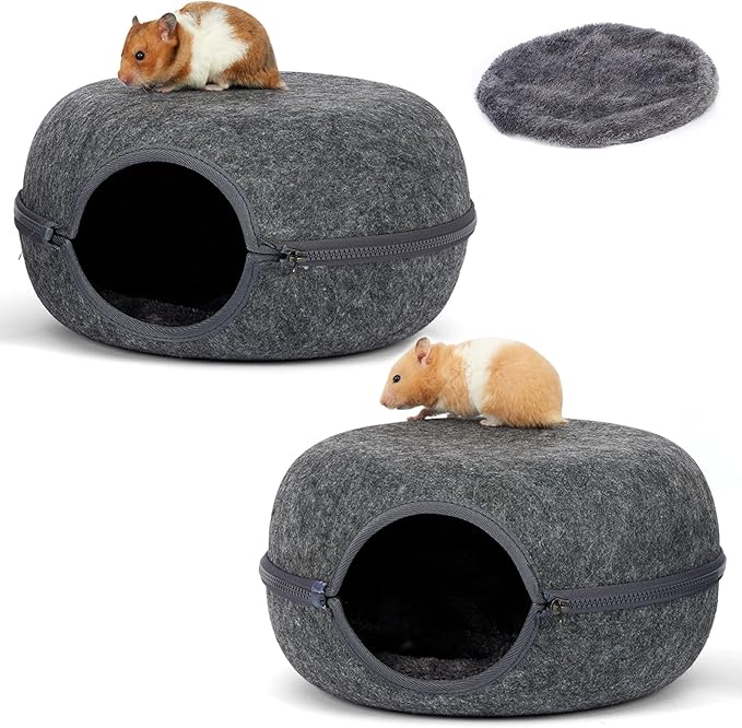 Guinea Pig Hideout 2 Pack, Double Function Guinea Pig Bed with 3 Soft Cushions, Small Animal Cage Accessories for Guinea Pigs, Hamsters, Hedgehogs, and Ferrets (Dark Grey & Dark Grey)
