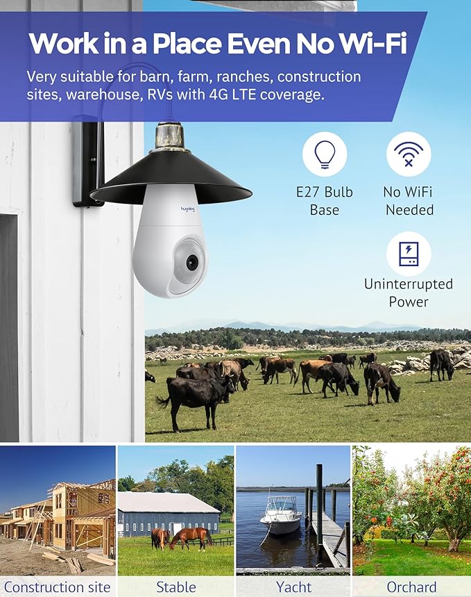 Hugolog 4G LTE Cellular Light Bulb Security Camera,360°2K Security Cameras Wireless Outdoor Indoor 4MP Full Color Day and Night,Motion Detection, Audible Alarm,Easy Installation,Compatible with Alexa