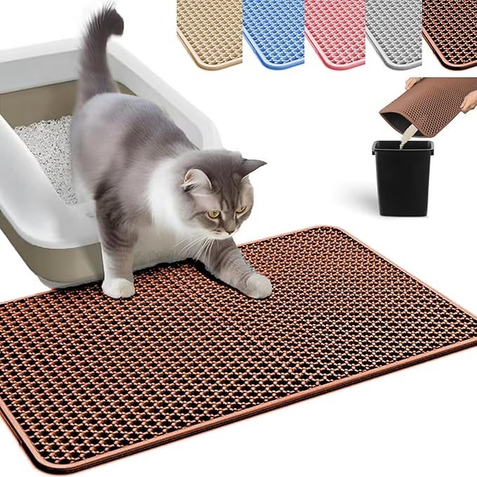 HCY&WLD Cat Litter Mat, Honeycomb Double Layer Cat Litter Trapping Mat, Waterproof Urine Proof Non-Slip, Scatter Control, Less Waste, Easier to Clean (Brown, 35" X 24")