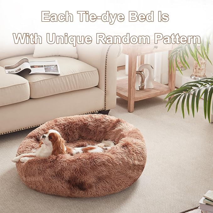 30 inches Donut Dog Bed for Medium Dogs,Calming Fluffy Round Pet Bed with Removable & Washable Cover,Fits up to 45 lbs Pets(Tie-dye Brown,Medium)