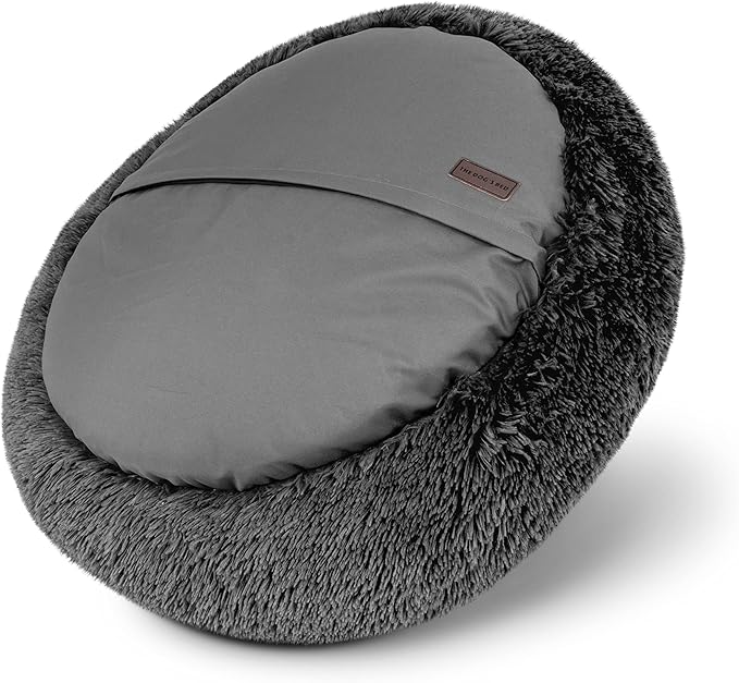 The Dog’s Bed Sound Sleep Donut Dog Bed, Medium Dark Grey Fur Calming Nest Bed, Veterinary Approved
