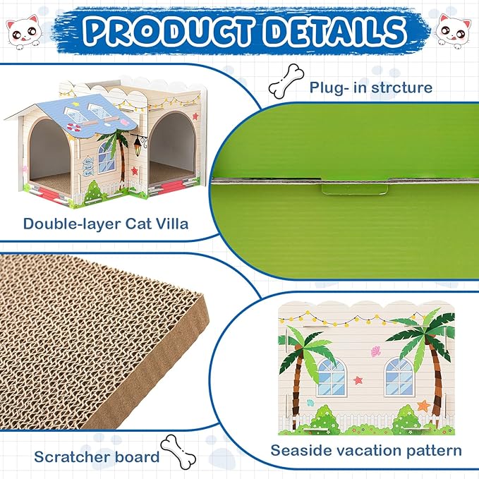 2 Story Cardboard Cat House with Scratcher Pad for Small Kitten,17x12x10 Multi Level Durable Cat Condo & Villa for Bunny Rabbit Small Animals Christmas Birthday Gift(Beach)