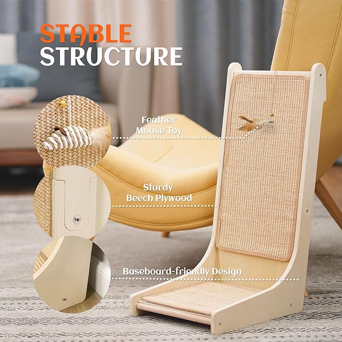 PETKARAY 105° Cat Scratcher, Sisal Kitty Scratch Pad, L Shape Scratching Board for Indoor Cats, Floor Mounted Scratcher with Mouse Toy Catnip