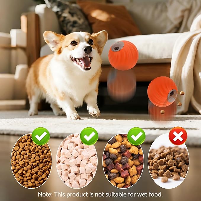 Interactive Dog Toys with Automatic Treat Dispenser, Fun Slow Feeder Interactive Toy for Dogs and Cats, Boosts Mental Stimulation, Reduces Anxiety, Durable Indoor Fun(Orange)