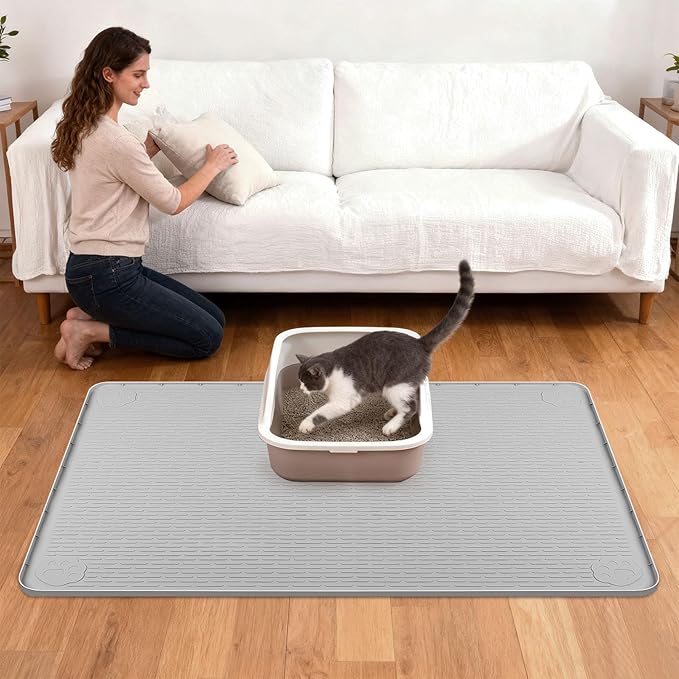 40"x28" Cat Litter Mat Lanstics Cat Mat for Litter Box Large Silicone Litter Box Mat for Kitty Scatter Control Floor Protect (Grey)