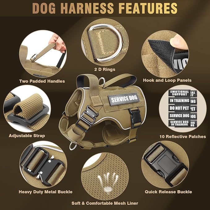 WINSEE Tactical Dog Harness for Medium Dog, Heavy Duty Service Working MOLLE Vest with 10 Pet Patches, 2X Metal Buckle Vest for Training Hunting Walking