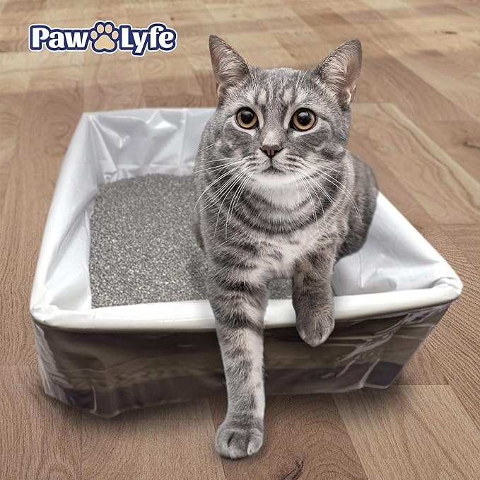 PawLyfe Jumbo Cat Litter Box Liners - 4MIL Extra Thick Heavy Duty Drawstring Kitty Litter Bags - Scratch and Tear-Resistant XL Cat Pan Liners for Easy Litterbox Cleanup - 36" x 18" - Box of 20 Liners