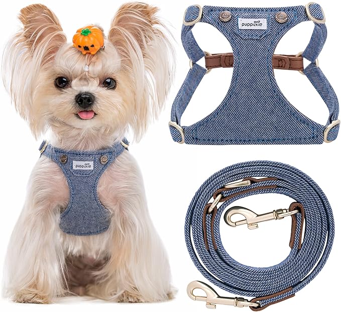 Puppytie No Pull xs Dog Harness with Multifunction Dog Leash,Soft Adjustable No Choke Escape Proof Pet Harness Vest,Denim Light Blue,XXS