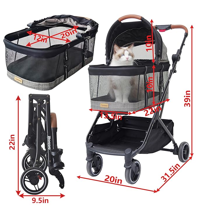 ROODO Fashion 3-in-1 Dog Cat Stroller with Detachable Carrier&Car Seat Combo Best Lightweight Folding Portable All-Terrain Travel Pet Gear Puppy Doggie Kitty Stroller for up to 35 lbs(Grey Lattice)