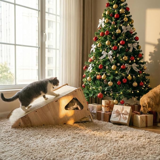 Wood-Framed Cat Scratching Post: Modern Sisal Scratcher Furniture, Integrated Cat Scratch Post Pad Condo Tunnel House Bed. All-in-One Space Saver for Multi-Cat & Budget-Friendly Homes (32in)