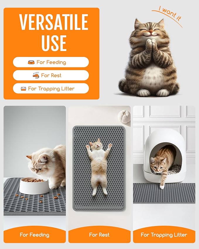 Cat Litter Mat - 23.2" x 14.6" Small Litter Box Mat with Double Layers, Urine-Proof and Non-Slip Litter Trapping Mat, Easy to Clean Kitty Litter Mats for Floor, Scatter Control, Grey