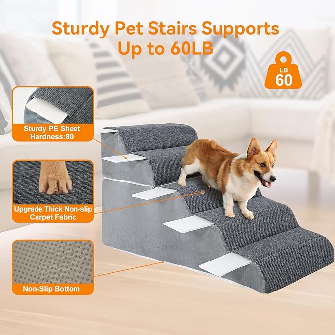5-Steps Dog Stairs for High Bed and Couch 21.3" H, Wider Pet Stairs for Small Old Large Cats, 30° Steady Non-Slip Dog Steps Ramp with Removable Cover, PE Boards