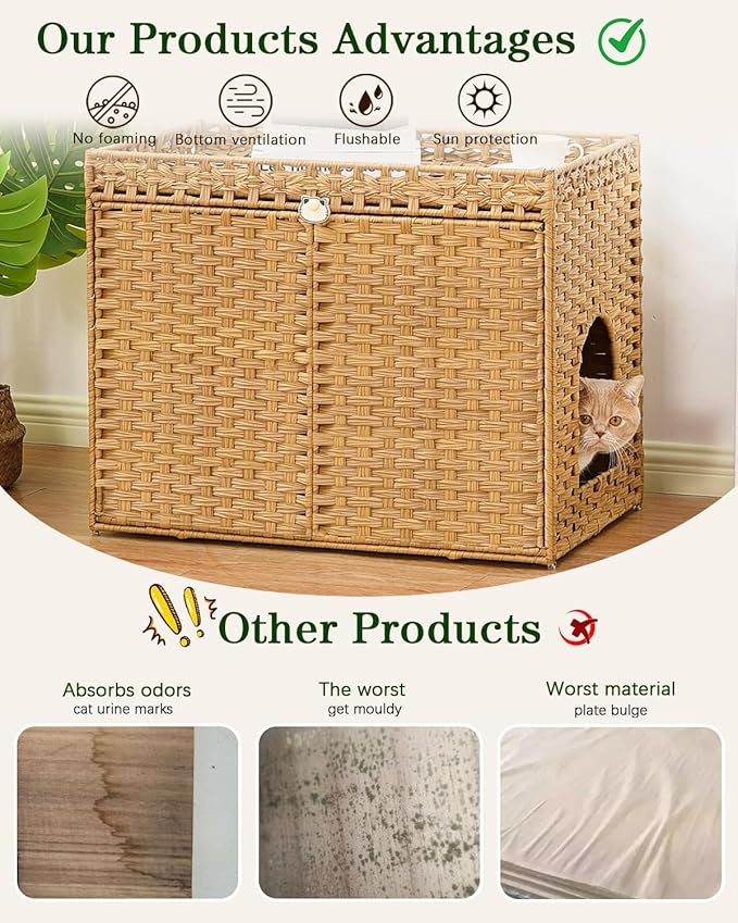 Cat Litter Box Enclosure Furniture, Handwoven Rattan Hidden Litter Box with Mat, Large Space Cat House with 2 S-Shaped Hooks 30.3 x 18.3 x 24.4 Inches, Indoor for Living Room Apartment Natural