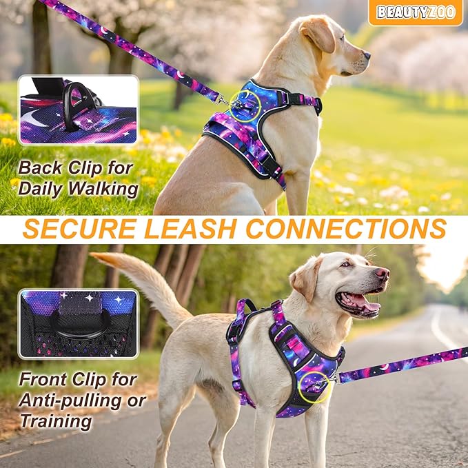 BEAUTYZOO No Pull Dog Harness and Leash Set with 2 Metal Leash Clips - Overhead-Free 3 Snap Buckles Design, Adjustable No-Choke Soft Padded Reflective Oxford Pet Vest for Small Medium Large Dogs, M